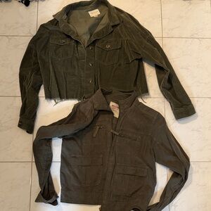 Two Olive Green Utility Jackets - Corduroy Cropped & Canvas Zip